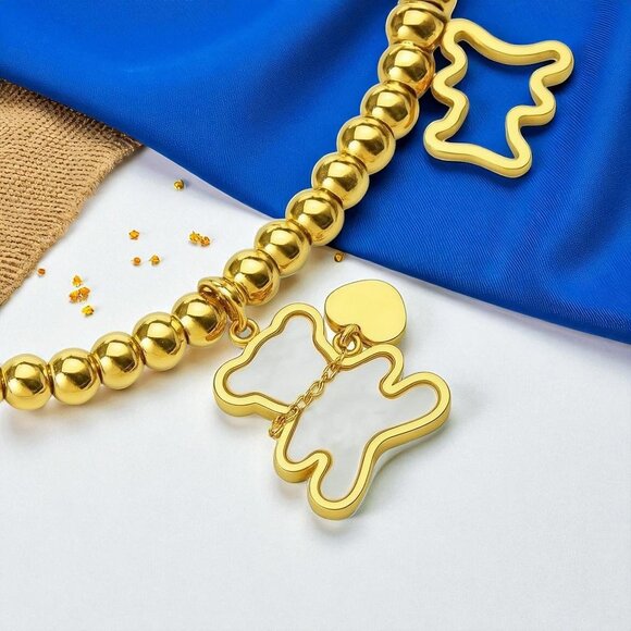🆕️Whimsical 18K Gold Plated Stainless Steel Bear Charm Beaded Trendy Bracelet - Picture 5 of 11